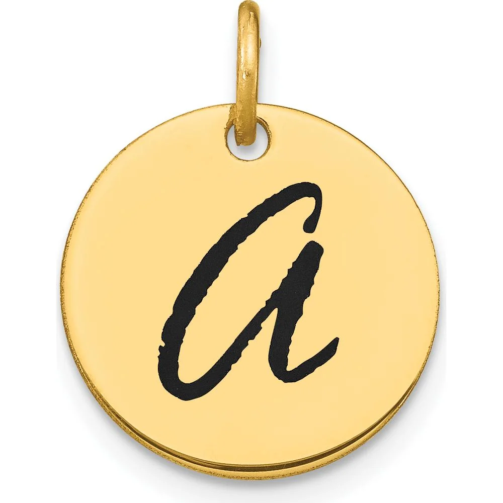 14K Yellow Gold Polished Black Enamel Letter A Initial Disk Charm by Oro Pregiato