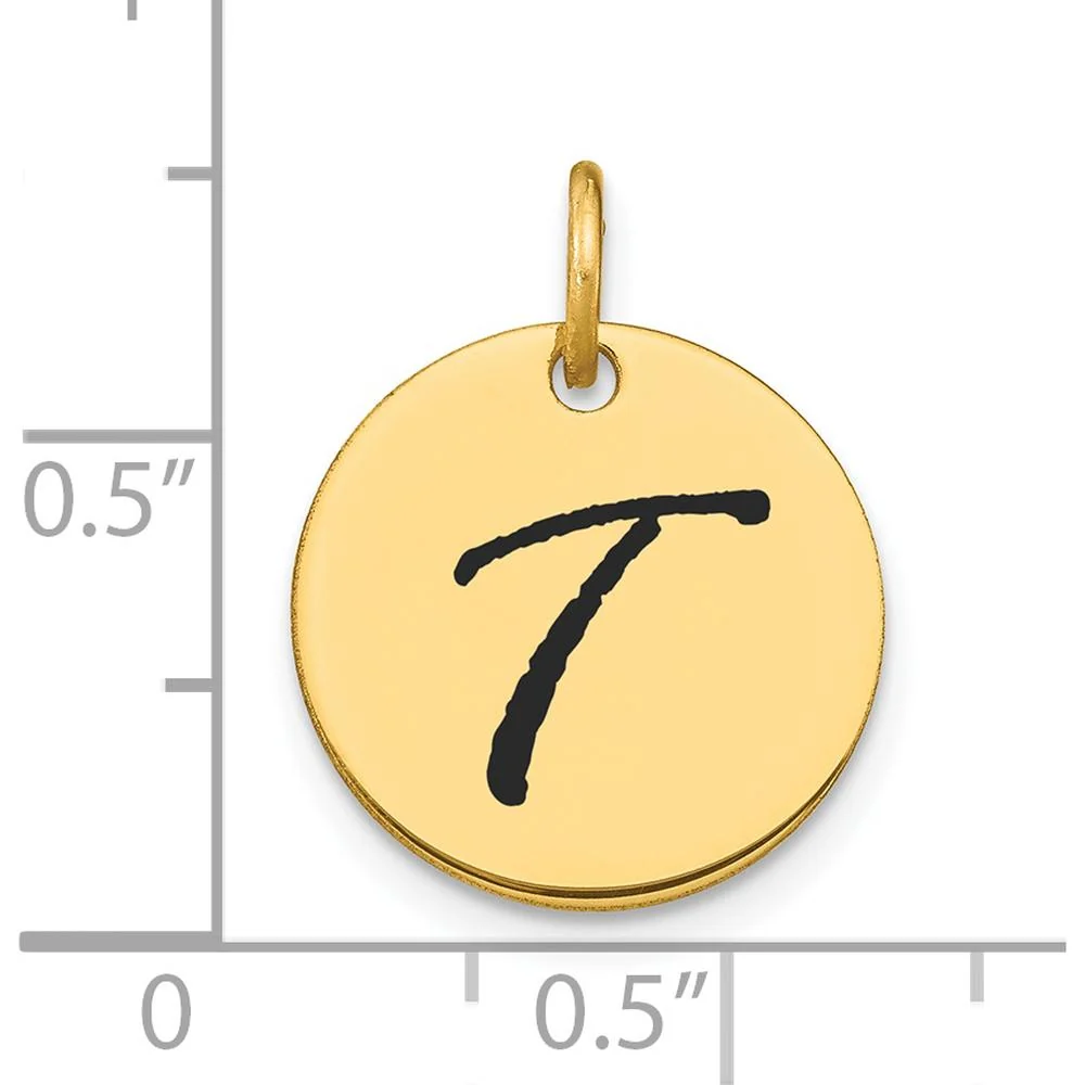 14K Yellow Gold Polished Black Enamel Letter T Initial Disk Charm by Oro Pregiato - Image 2