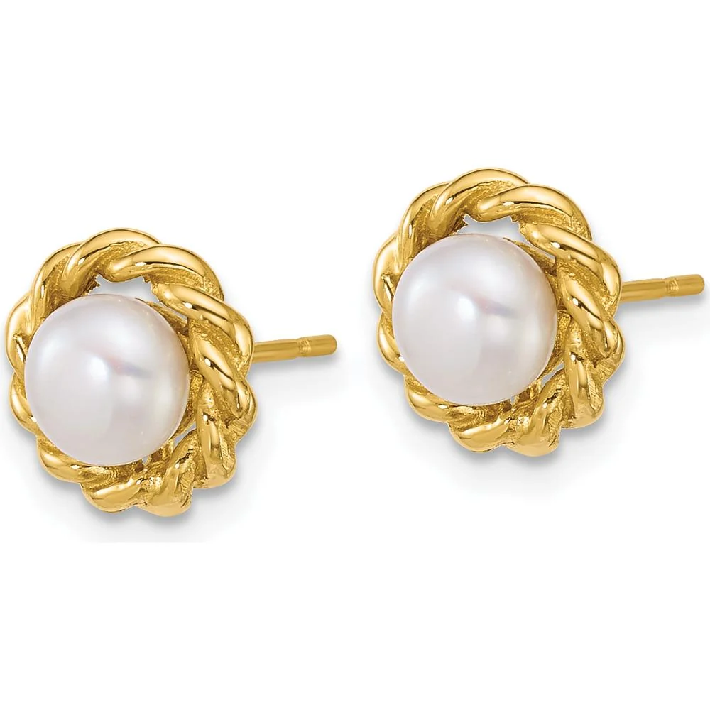 14K Yellow Gold Polished Button Freshwater Pearl Twisted Edge Post Earrings - 5-6mm by Monteluci Fine Jewelry - Image 2