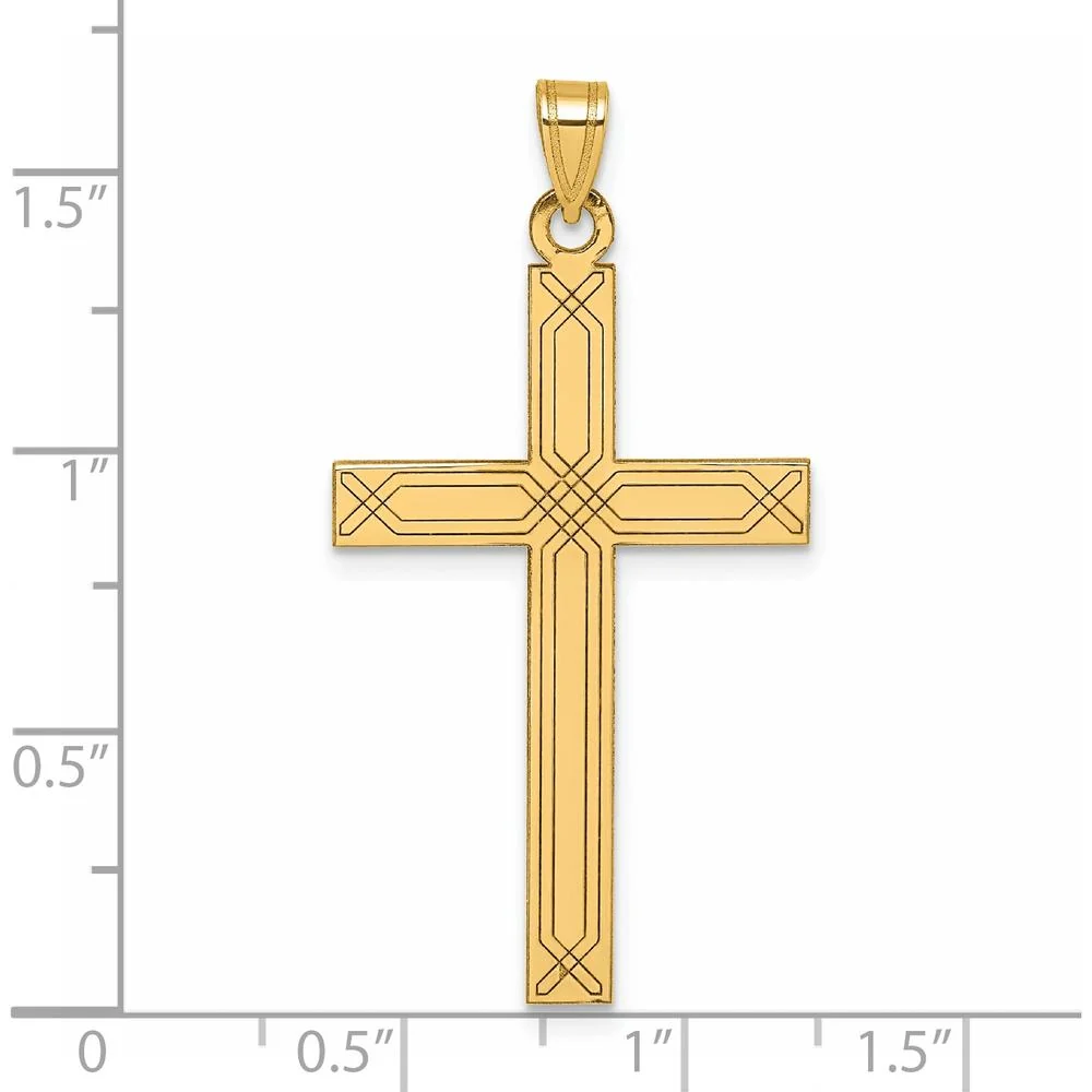 14K Yellow Gold Polished Cross Pendant with Patterned Texture - 41.5mm Length by Oro Pregiato - Image 4