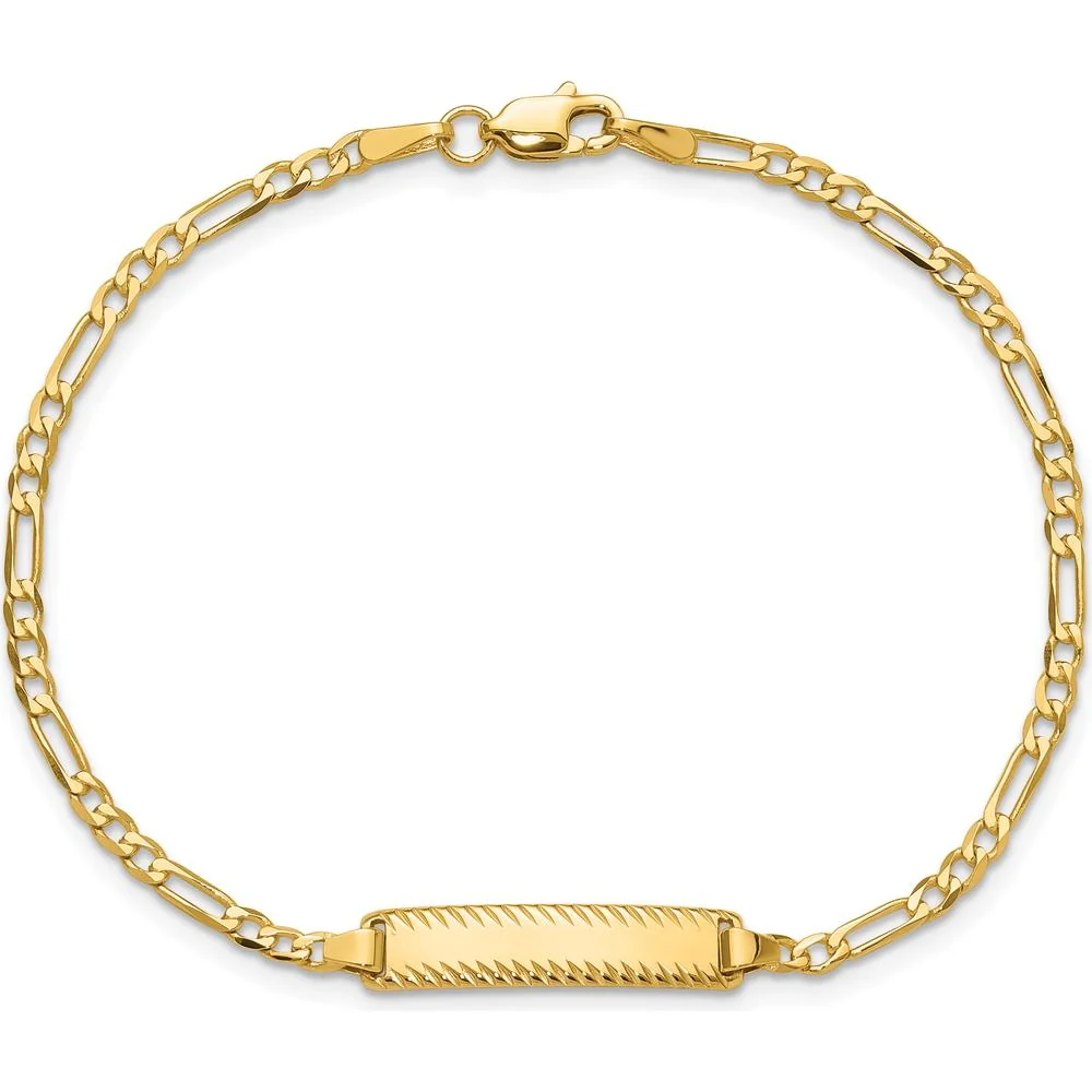 14K Yellow Gold Polished Figaro Link Chain with Solid Plate Diamond-Cut ID Bracelet - 7 Inches by Oro Pregiato - Image 4