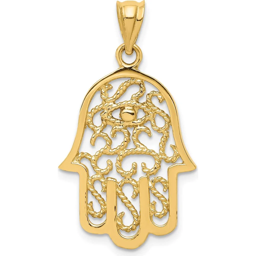 14K Yellow Gold Polished Filigree Hamsa and Evil Eye Pendant - 30.85mm in Length by Oro Pregiato