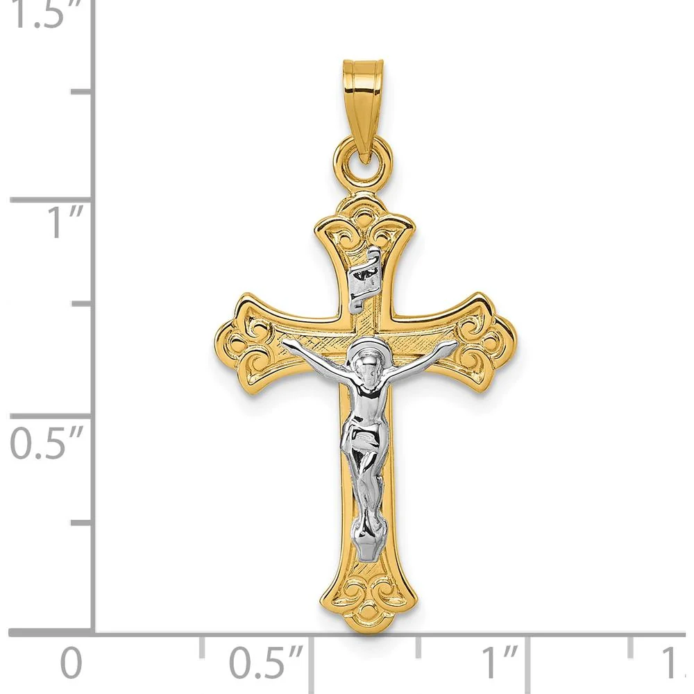 14K Yellow Gold Polished Fleur de Lis INRI Crucifix Cross Pendant - 30.9mm by Oro Pregiato - Image 4