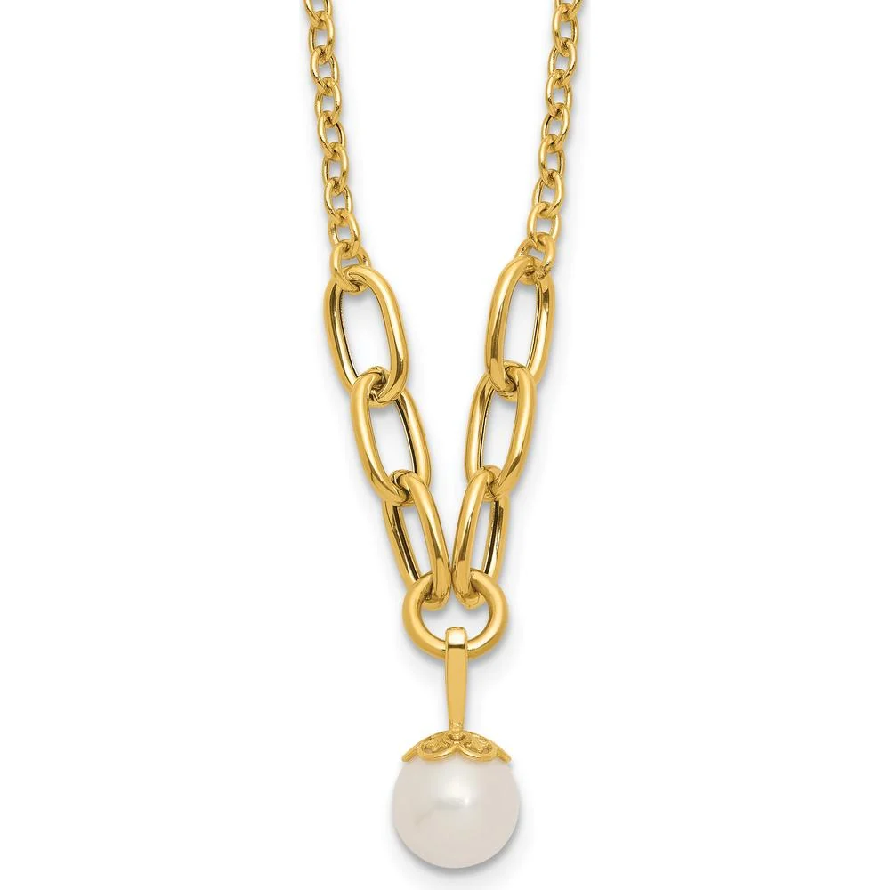 14K Yellow Gold Polished Freshwater Cultured Pearl Dangle Necklace - 8-9mm Pearl by Monteluci Fine Jewelry
