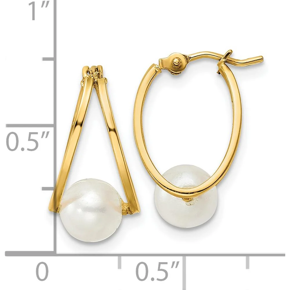 14K Yellow Gold Polished Freshwater Cultured Pearl Drop Hoop Earrings - 6.2mm Pearls by Monteluci Fine Jewelry - Image 4