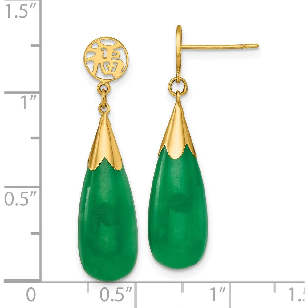 14K Yellow Gold Polished Good Luck Symbol Teardrop Jade Dangle Earrings - 1.0 Carat Total Jade Weight by Oro Pregiato - Image 3