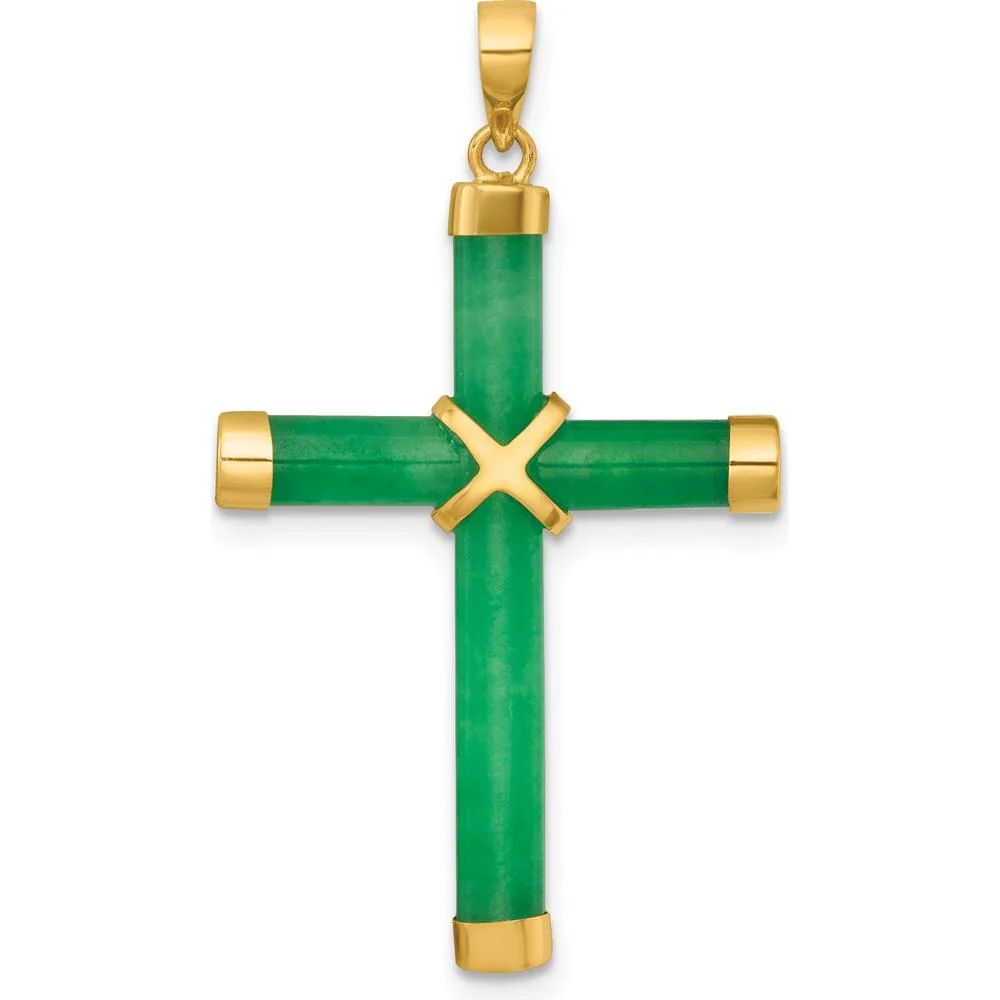 14K Yellow Gold Polished Green Jade Cross Pendant - 36mm Length by Oro Pregiato
