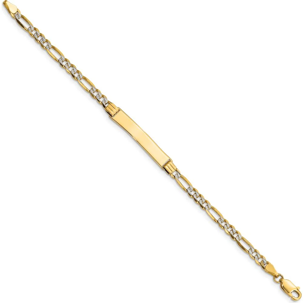 14K Yellow Gold Polished ID Bracelet with Rhodium Accents and Figaro Link Chain - 5.5 inches by Oro Pregiato - Image 2