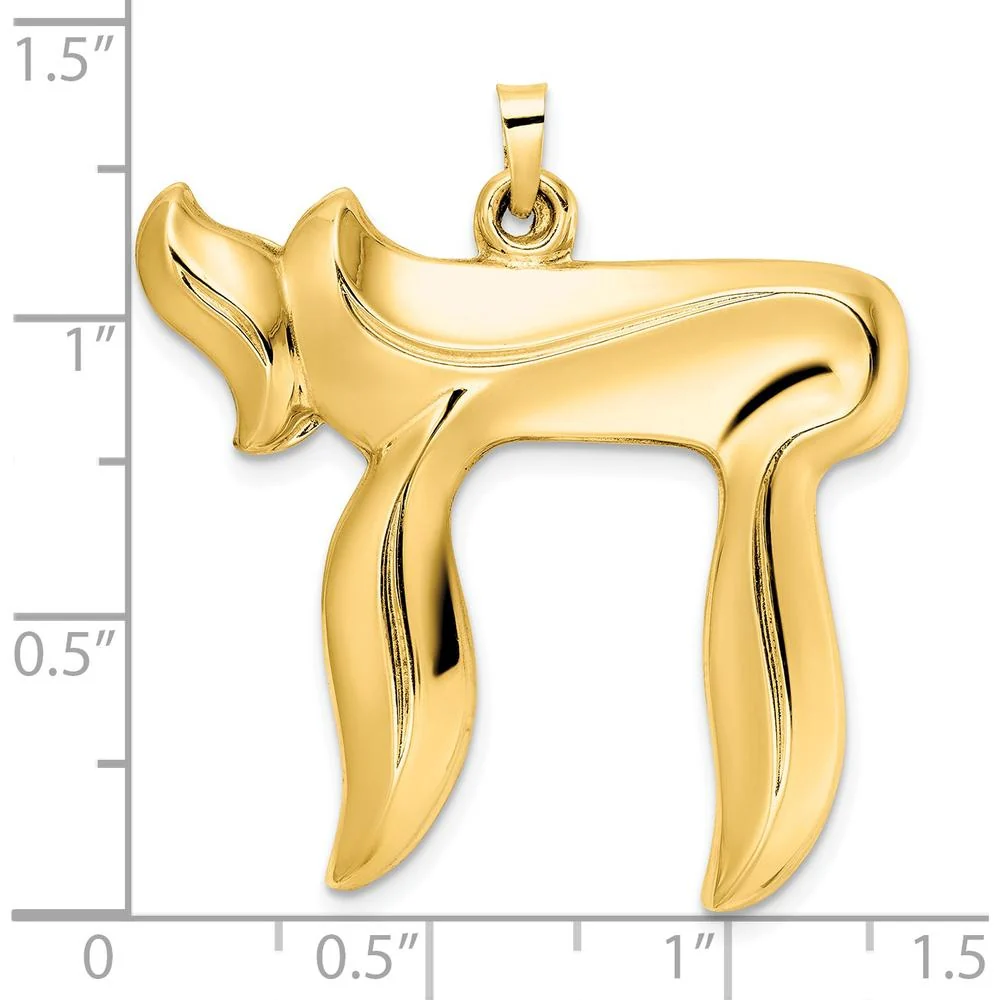 14K Yellow Gold Polished Large Hollow Chai Symbol Pendant - 33.24mm by Oro Pregiato - Image 3