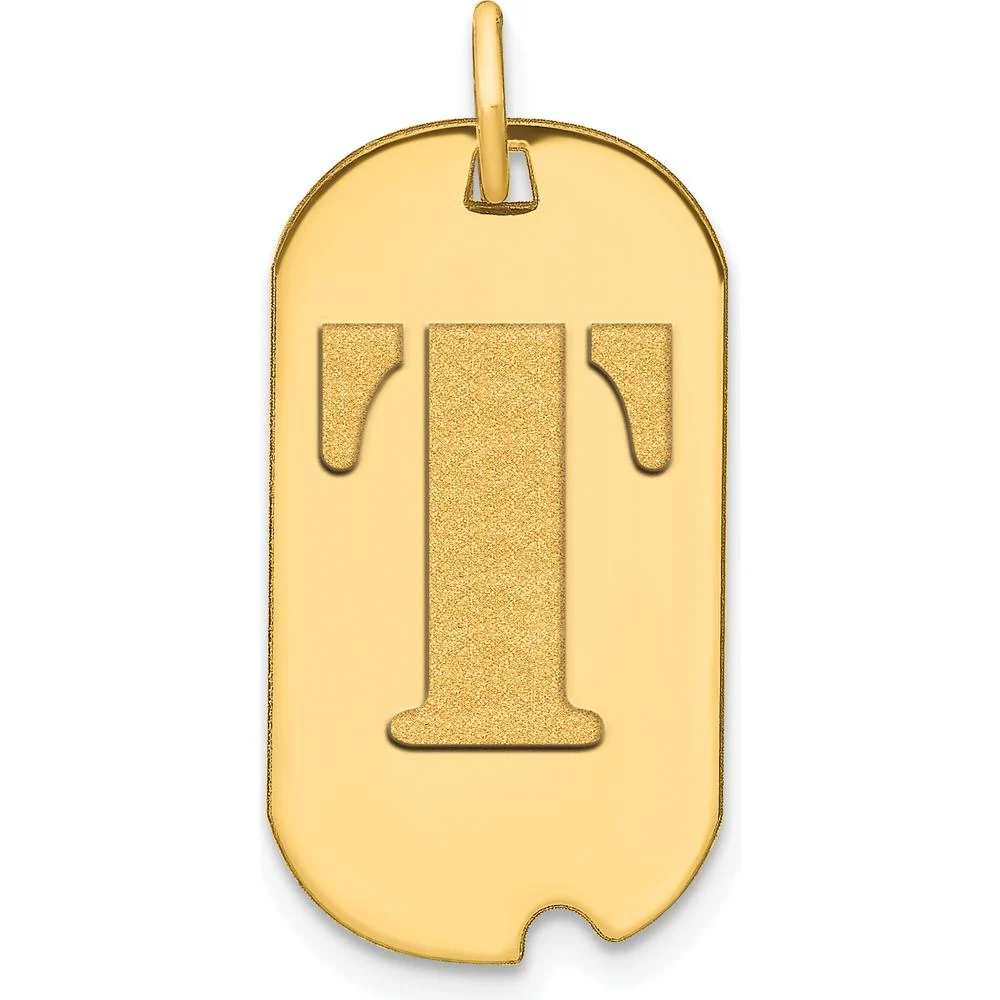 14K Yellow Gold Polished Letter T Initial Dog Tag Pendant with Satin Finish and Brushed Detail by Oro Pregiato