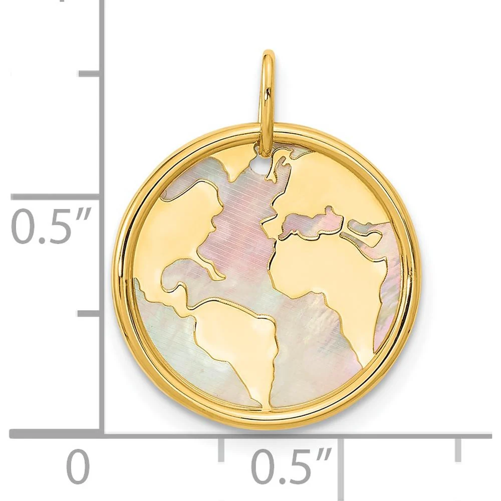 14K Yellow Gold Polished Mother of Pearl Earth Pendant - Reversible Global Design 17mm by Oro Pregiato - Image 3