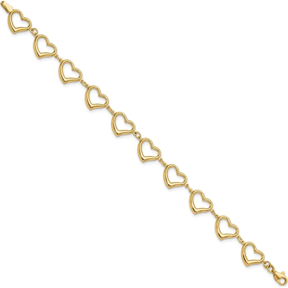 14K Yellow Gold Polished Open Heart Link 7" Bracelet by Oro Pregiato - Image 2