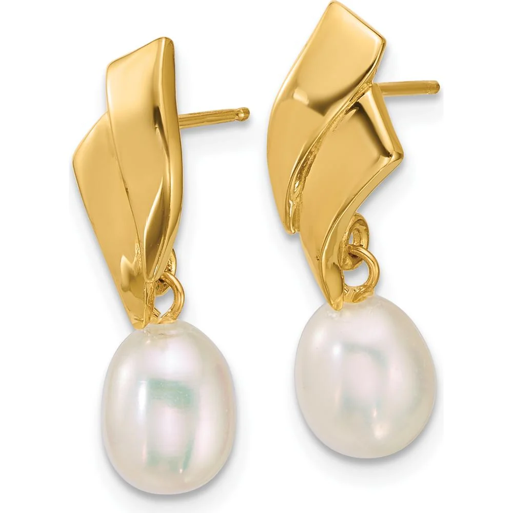 14K Yellow Gold Polished Teardrop Freshwater Cultured Pearl Dangle Earrings - 5-7mm Pearls by Monteluci Fine Jewelry - Image 2