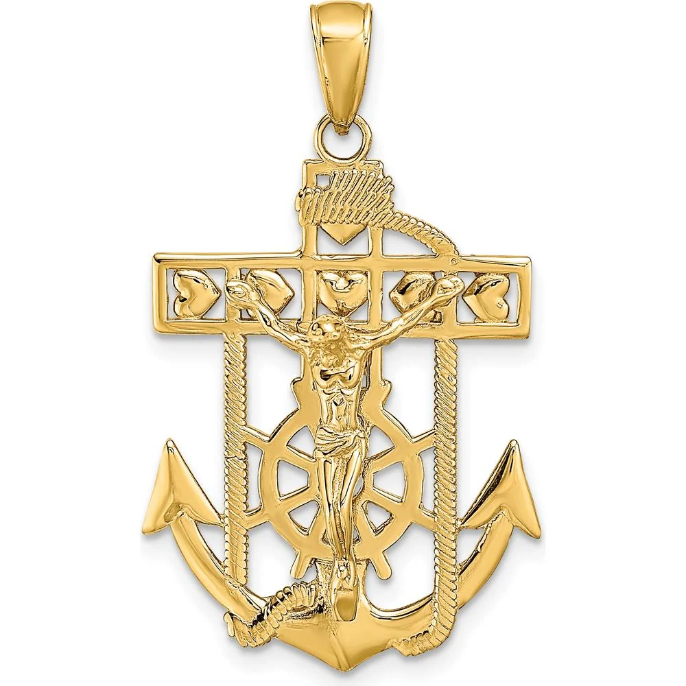 14K Yellow Gold Polished Textured Mariners Crucifix Pendant - 35.5mm Length by Oro Pregiato