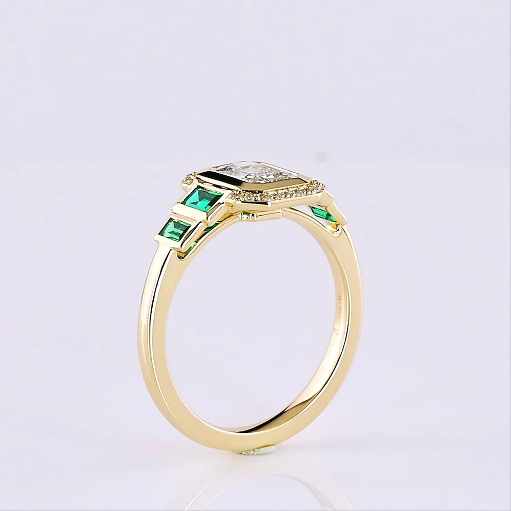 14K Yellow Gold Radiant Cut Lab Diamond Halo Ring with Emerald Baguette Accents - 1.06 Total Carat Weight - Covaloro Fine Jewelry - Image 4