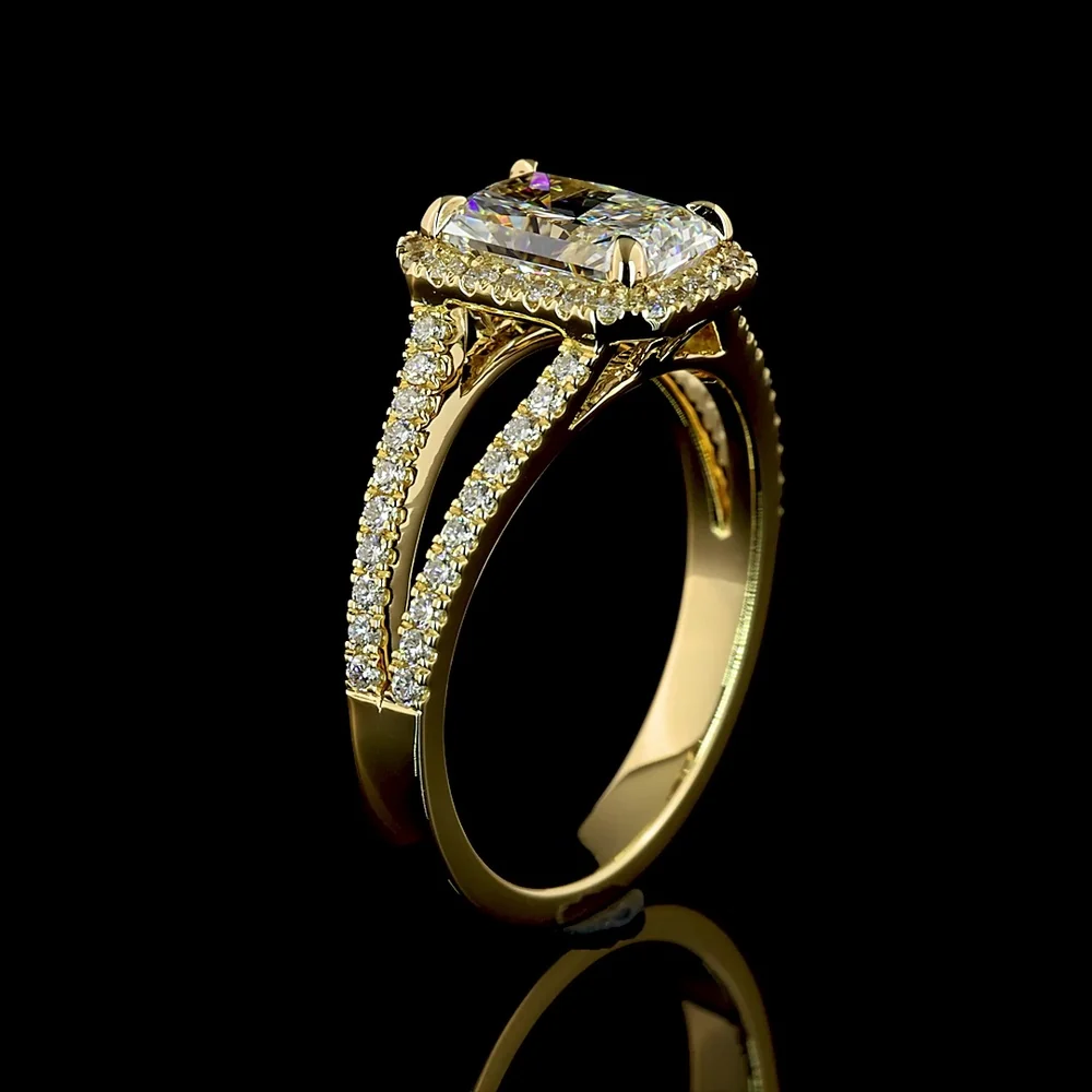 14K Yellow Gold Radiant Cut Split Shank Halo Ring with D VVS2 Lab Diamond - 1.90 Carat Total Diamond Weight - Covaloro Fine Jewelry - Image 4