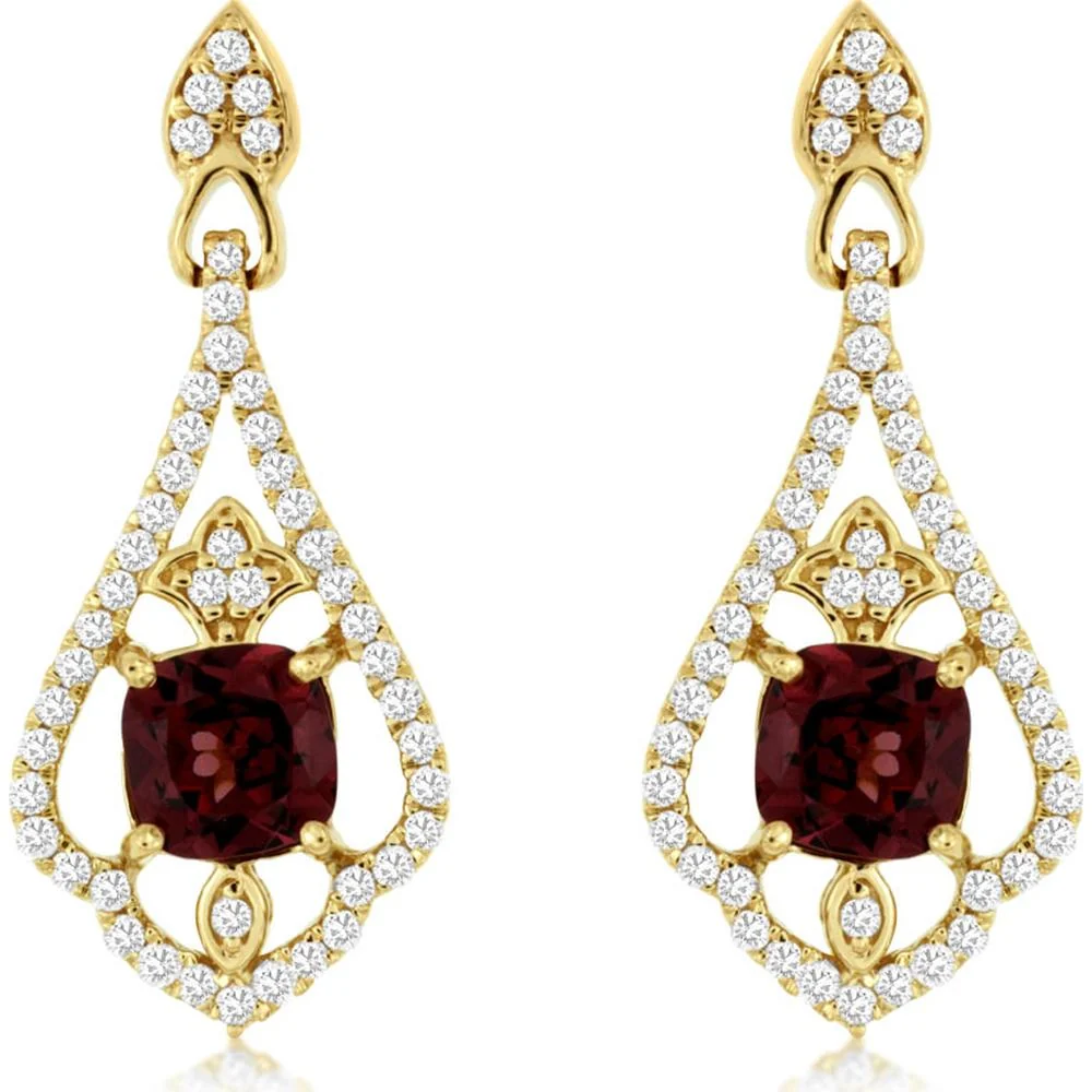 14K Yellow Gold Rhodolite & Diamond Drop Earrings with Cushion Cut Rhodolite - 1.40 Carats Total Diamond Weight - Royal Jewelry