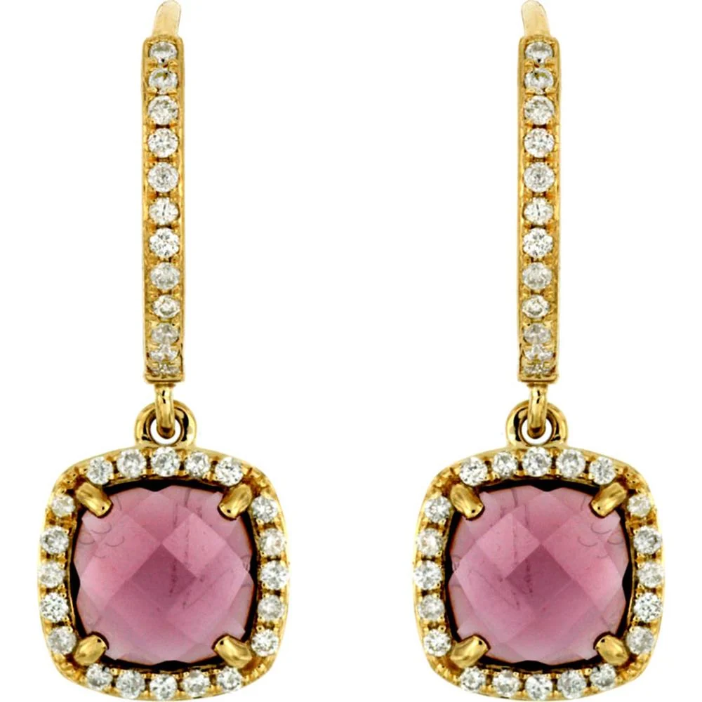 14K Yellow Gold Rhodolite & Diamond Halo Drop Earrings - 0.25 Carat Total Diamond Weight, 2.40 Carat Total Rhodolite Weight - Royal Jewelry