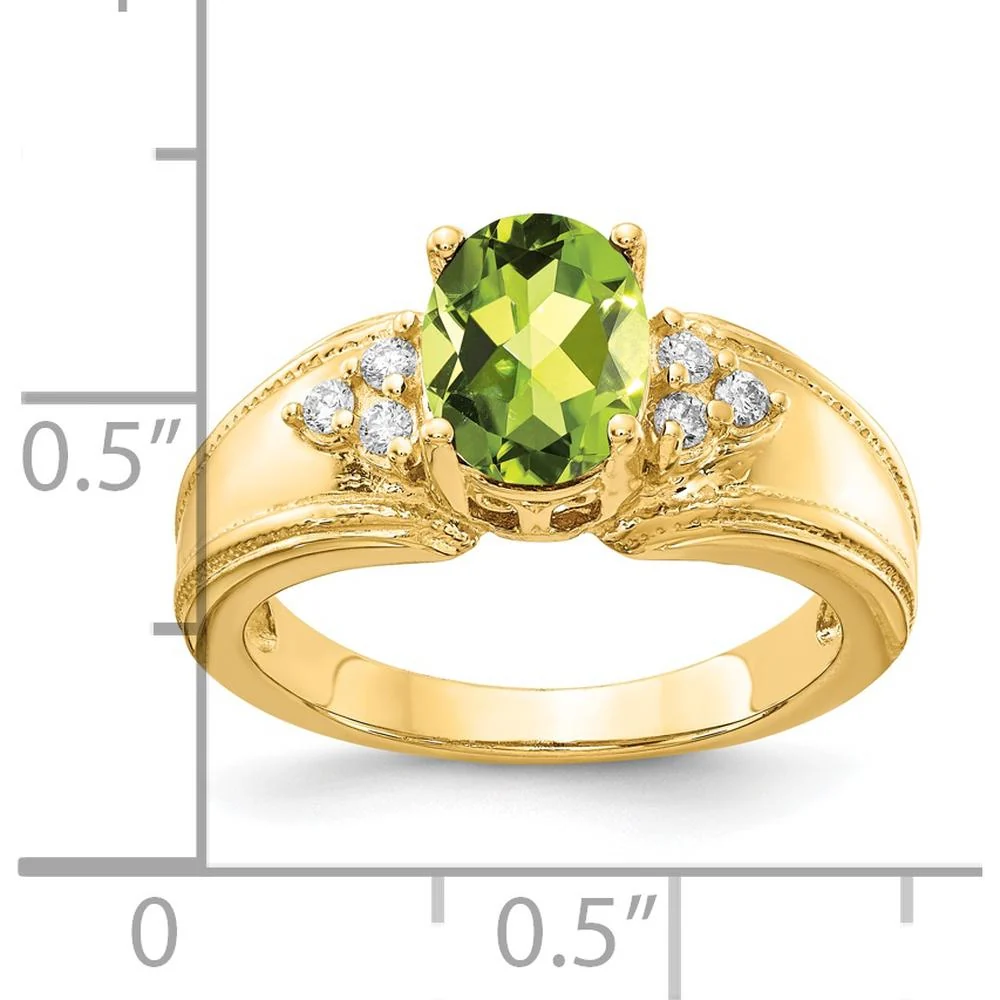 14K Yellow Gold Ring with 8x6mm Oval Peridot and 0.09 Carat Round Diamond Accents - 1.30 Carat Total Gemstone Weight - Size 6 by Monteluci Fine Jewelry - Image 2
