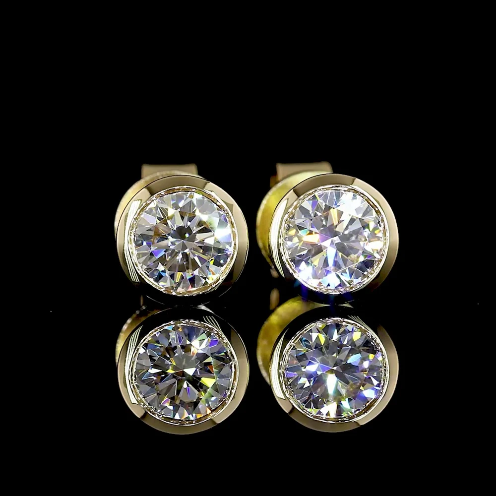 14K Yellow Gold Round Bezel Set Lab Diamond Stud Earrings - 0.99 Carat Total Weight (E-F Color, VS Clarity) - Covaloro Fine Jewelry - Image 2