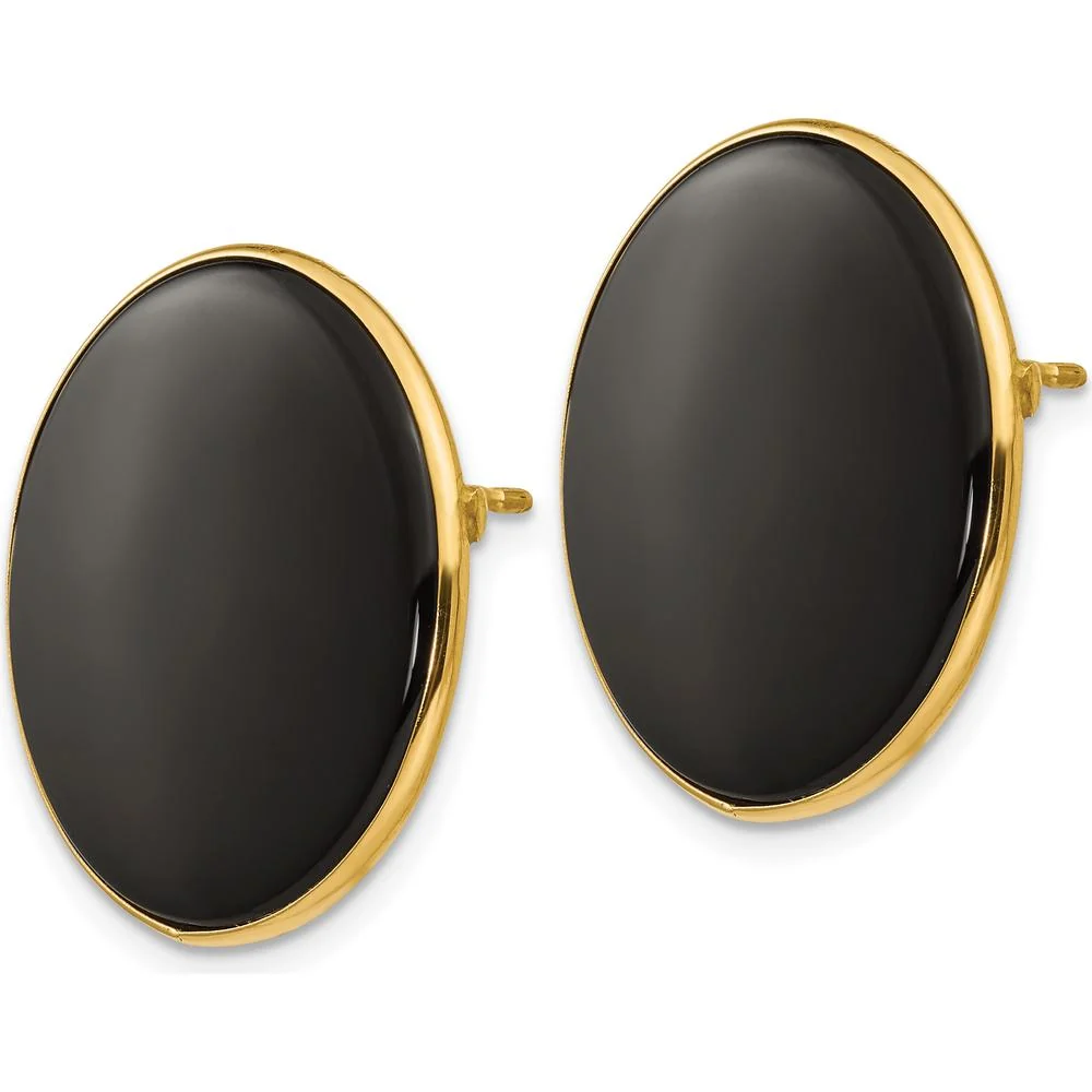 14K Yellow Gold Round Black Onyx Button Stud Earrings - 21mm Polished Finish by Oro Pregiato - Image 2