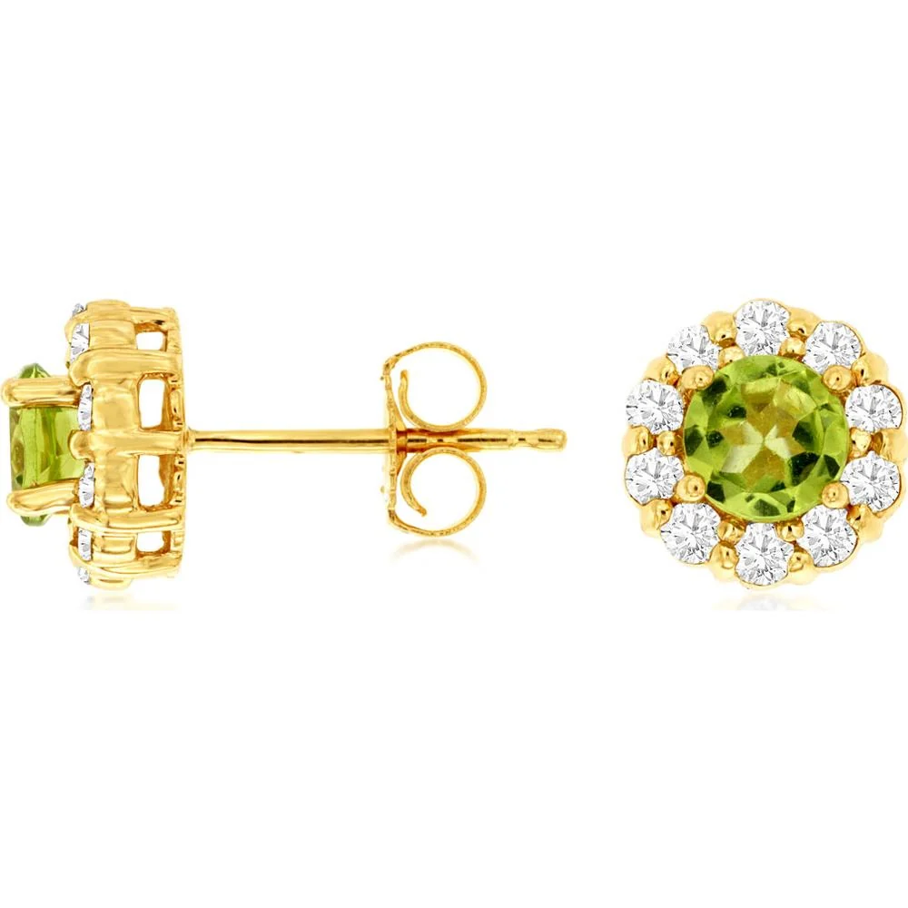 14K Yellow Gold Round Peridot & Diamond Halo Stud Earrings - 0.98 Carat Total Peridot Weight & 0.40 Carat Total Diamond Weight - Royal Jewelry