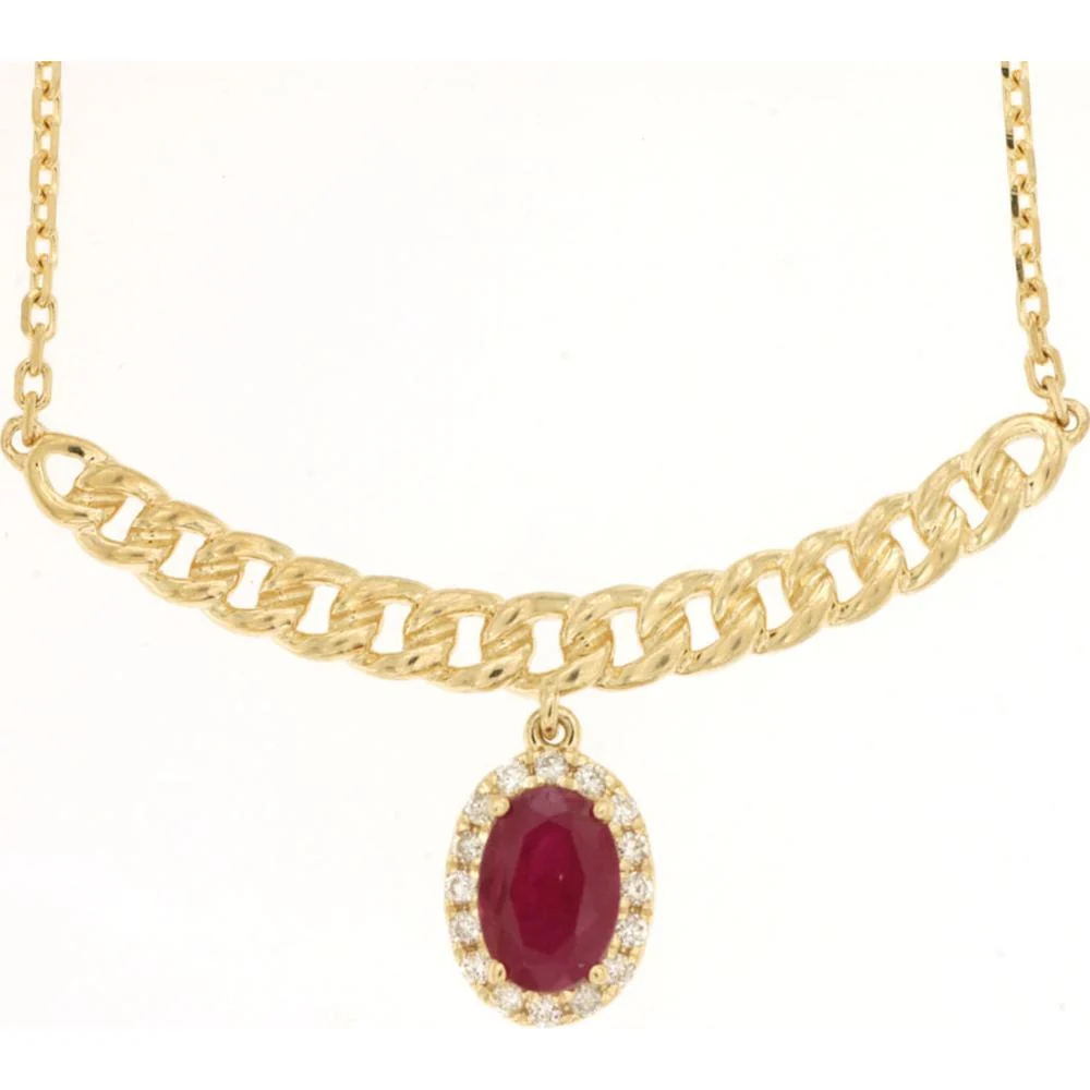 14K Yellow Gold Ruby & Diamond Halo Pendant Necklace with Curb Chain - 0.56 Carat Ruby, 0.07 Carat Total Diamond Weight - Royal Jewelry