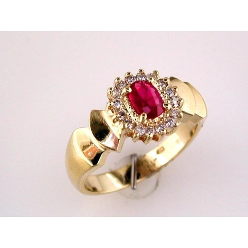14K Yellow Gold Ruby & Diamond Halo Ring - 0.50 Carats Ruby & 0.25 Carats Diamond Total Weight - Royal Jewelry