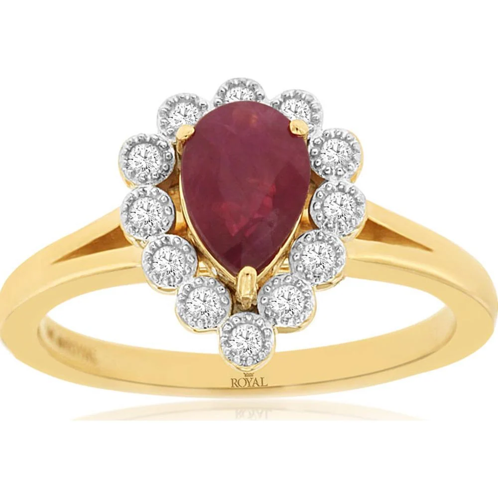 14K Yellow Gold Ruby & Diamond Halo Ring - 0.90 Carats Ruby, 0.12 Carats Diamond Total Weight - Royal Jewelry