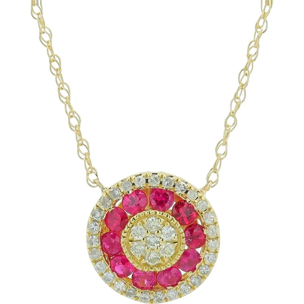 14K Yellow Gold Ruby and Diamond Round Pendant Necklace - 0.33 Carat Ruby, 0.13 Carat Diamonds