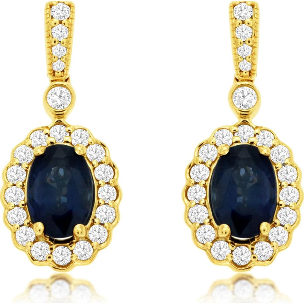 14K Yellow Gold Sapphire and Diamond Drop Earrings with Oval Cut Sapphire Halo Design - 1.30 Carat Total Sapphire Weight, 0.33 Carat Total Diamond Weight - Royal Jewelry