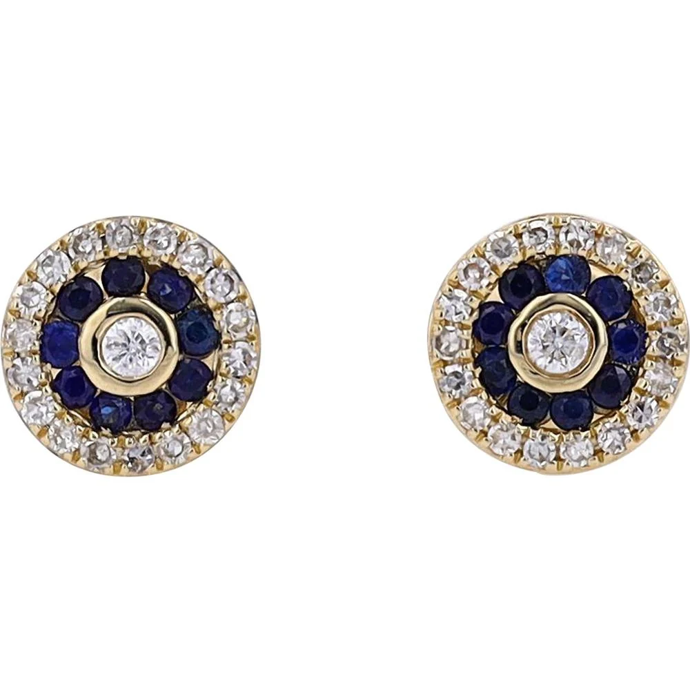 14K Yellow Gold Sapphire & Diamond Halo Stud Earrings - 0.26 Carat Total Sapphire Weight, 0.25 Carat Total Diamond Weight