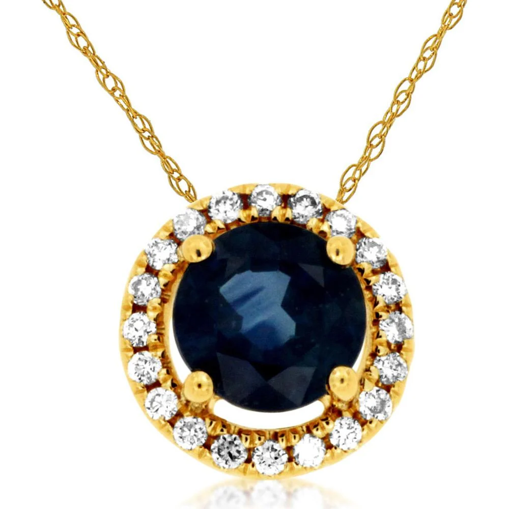 14K Yellow Gold Sapphire & Diamond Pendant Necklace - 0.55 Carats Sapphire, 0.08 Carats Total Diamond Weight - Royal Jewelry