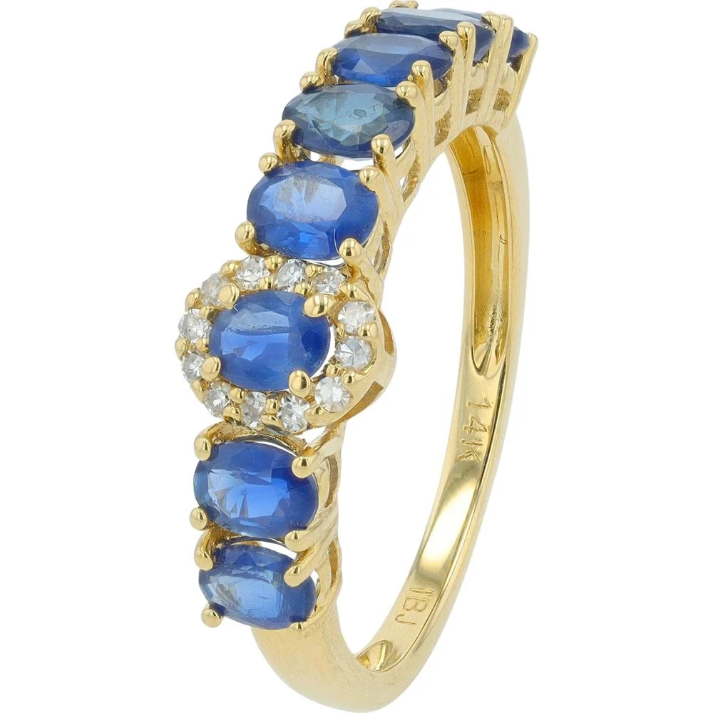 14K Yellow Gold Sapphire Band with Halo Diamond Center - 0.07 Carat Total Diamond Weight