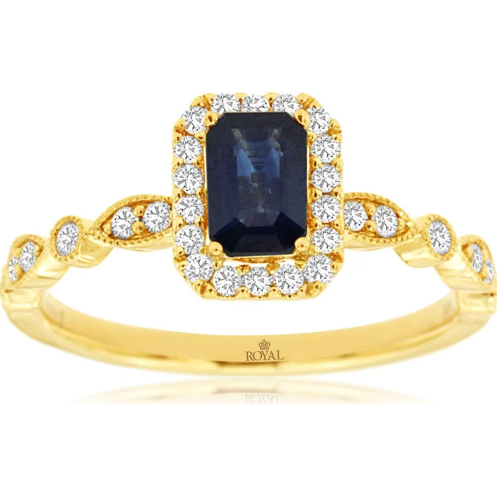 14K Yellow Gold Sapphire Halo Ring with Emerald-Cut Blue Sapphire and Round Diamond Accents - 0.70 Carat Sapphire and 0.26 Carat Total Diamond Weight - Royal Jewelry