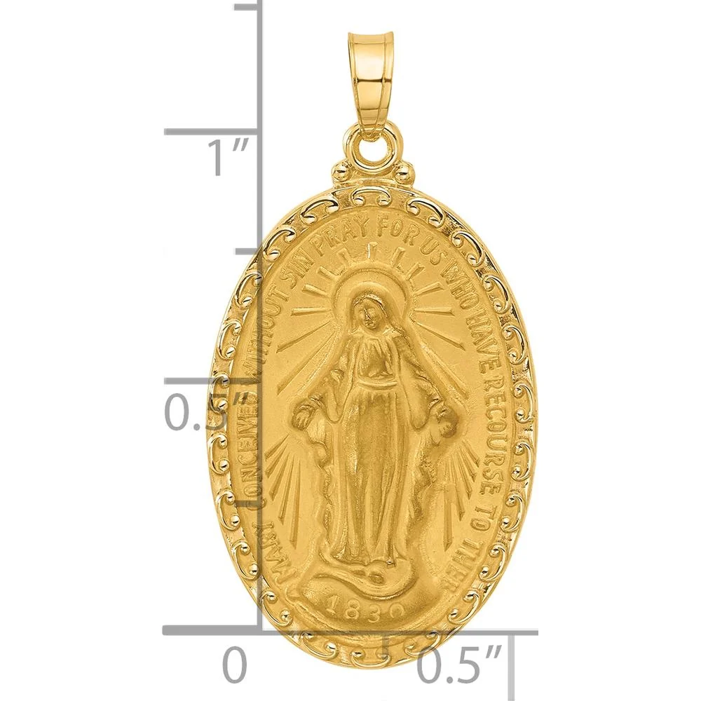 14K Yellow Gold Satin and Polished Miraculous Medal Oval Pendant - Faith Symbol Jewelry by Oro Pregiato - Image 4