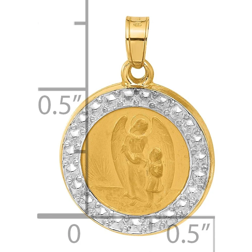 14K Yellow Gold Satin Finish Guardian Angel Medal Pendant with Rhodium Accents by Oro Pregiato - Image 4