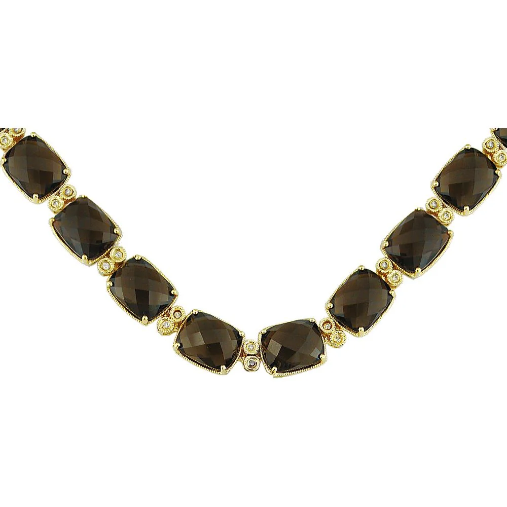 14K Yellow Gold Smoky Quartz & Diamond Necklace with Cushion Cut Smoky Quartz - 94.50 Carats Total Smoky Quartz Weight, 0.36 Carats Total Diamond Weight - Royal Jewelry