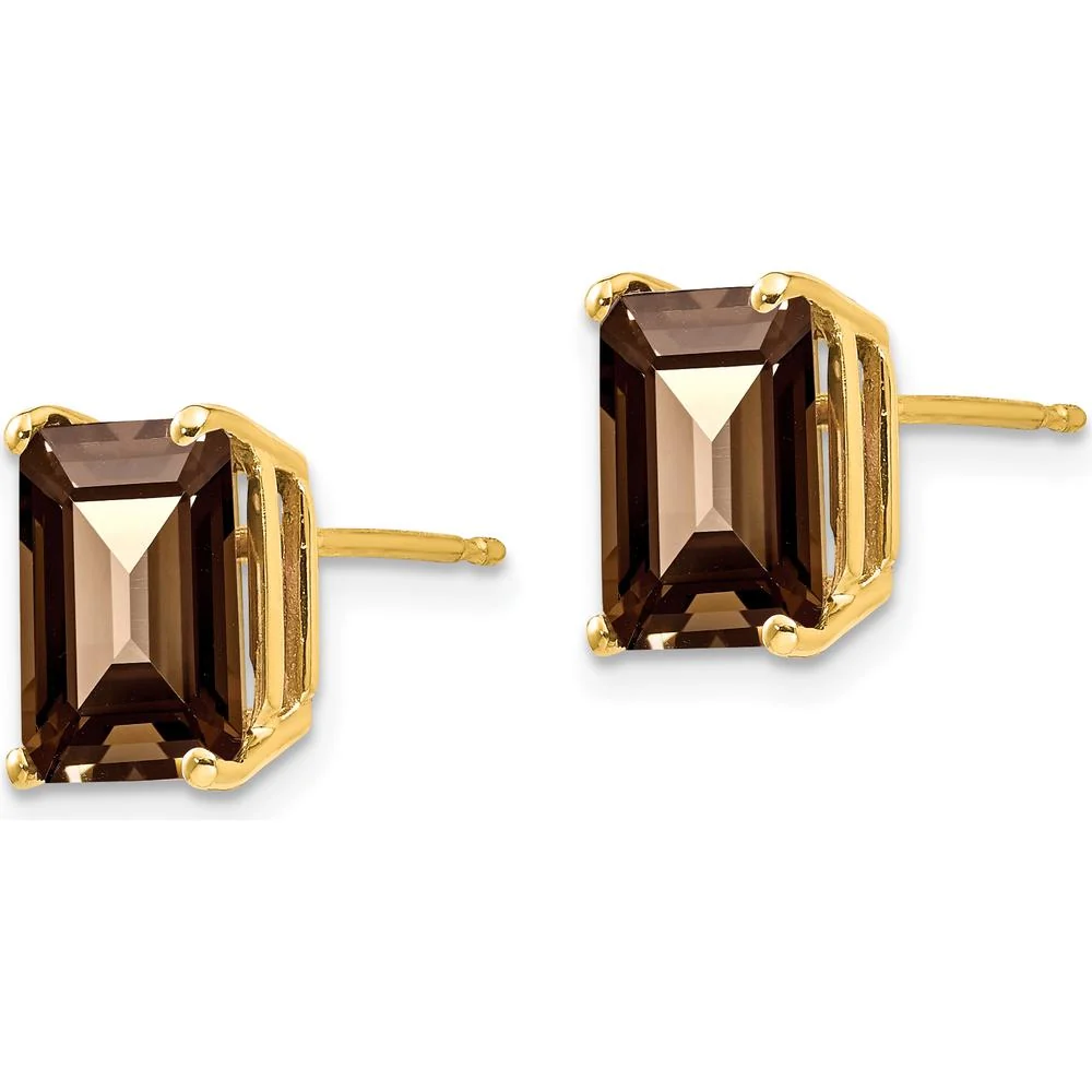 14K Yellow Gold Smoky Quartz Stud Earrings with 2 Carats of Emerald-Cut Brown Quartz by Monteluci Fine Jewelry - Image 3