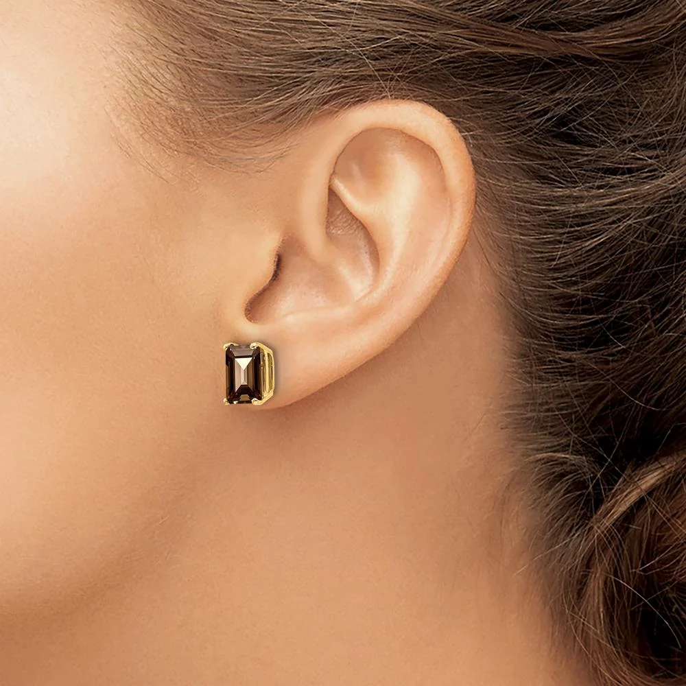 14K Yellow Gold Smoky Quartz Stud Earrings with 2 Carats of Emerald-Cut Brown Quartz by Monteluci Fine Jewelry - Image 4
