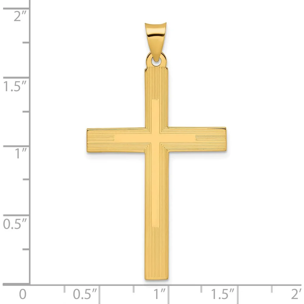 14K Yellow Gold Solid Cross Pendant with Polished and Striped Line Design - 47.27mm Length by Oro Pregiato - Image 3