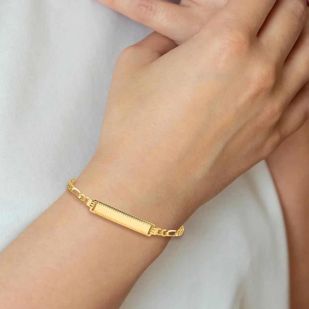 14K Yellow Gold Solid Figaro Link Bracelet with Diamond-Cut Plate - 7" Length by Oro Pregiato - Image 6
