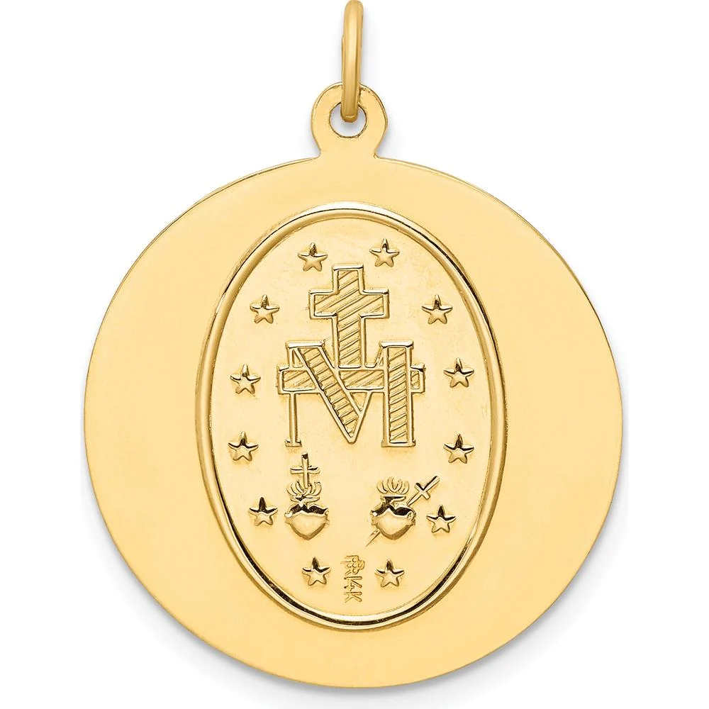 14K Yellow Gold Solid Miraculous Medal Round Pendant with Polished and Satin Finish - 30mm Length by Oro Pregiato - Image 3
