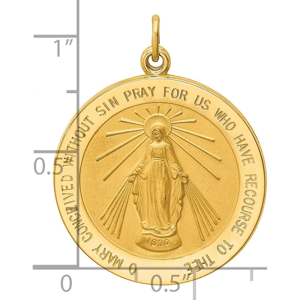 14K Yellow Gold Solid Miraculous Medal Round Pendant with Polished and Satin Finish - 30mm Length by Oro Pregiato - Image 4