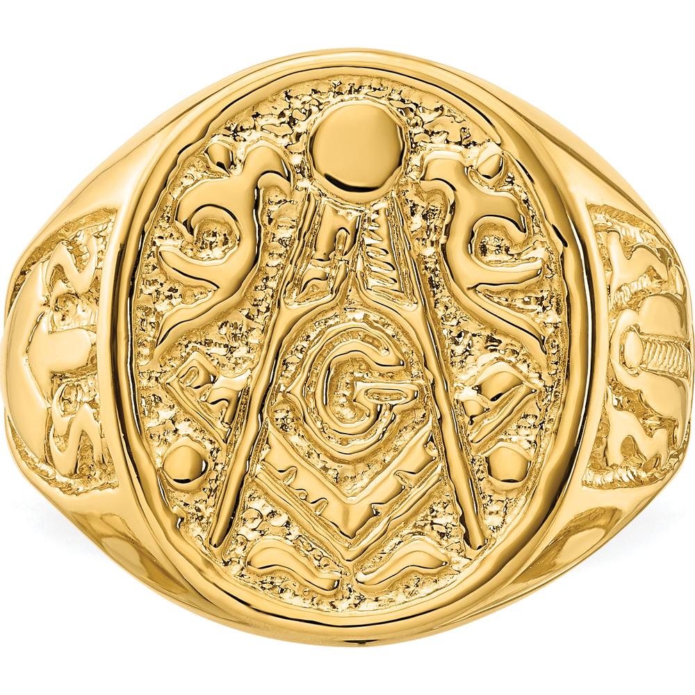 14K Yellow Gold Solid Polished and Grooved Masonic Ring with Textured Round Face - Size 10 by Monteluci Fine Jewelry - Image 4