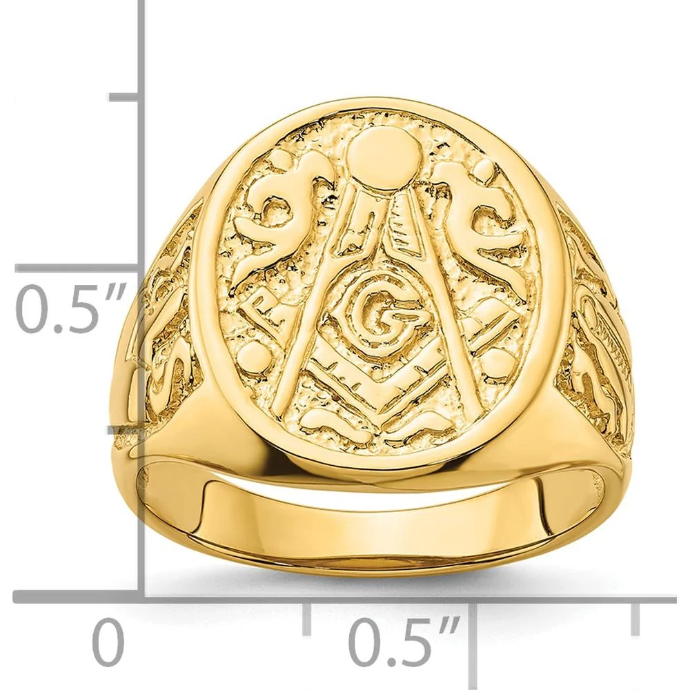 14K Yellow Gold Solid Polished and Grooved Masonic Ring with Textured Round Face - Size 10 by Monteluci Fine Jewelry - Image 7