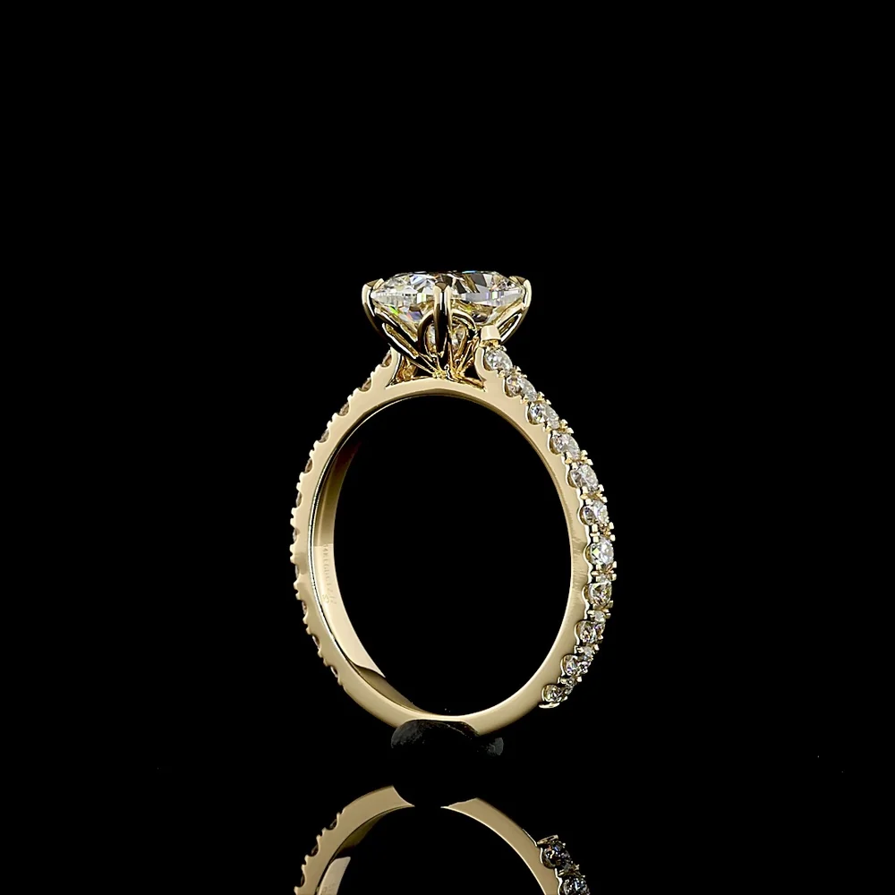 14K Yellow Gold Solitaire Shank Ring with 2.02 Carat Cushion Brilliant Cut D VVS2 Lab Diamond and 0.66 Carat Round Diamond Accents - 2.68 Total Carat Weight - Covaloro Fine Jewelry - Image 3
