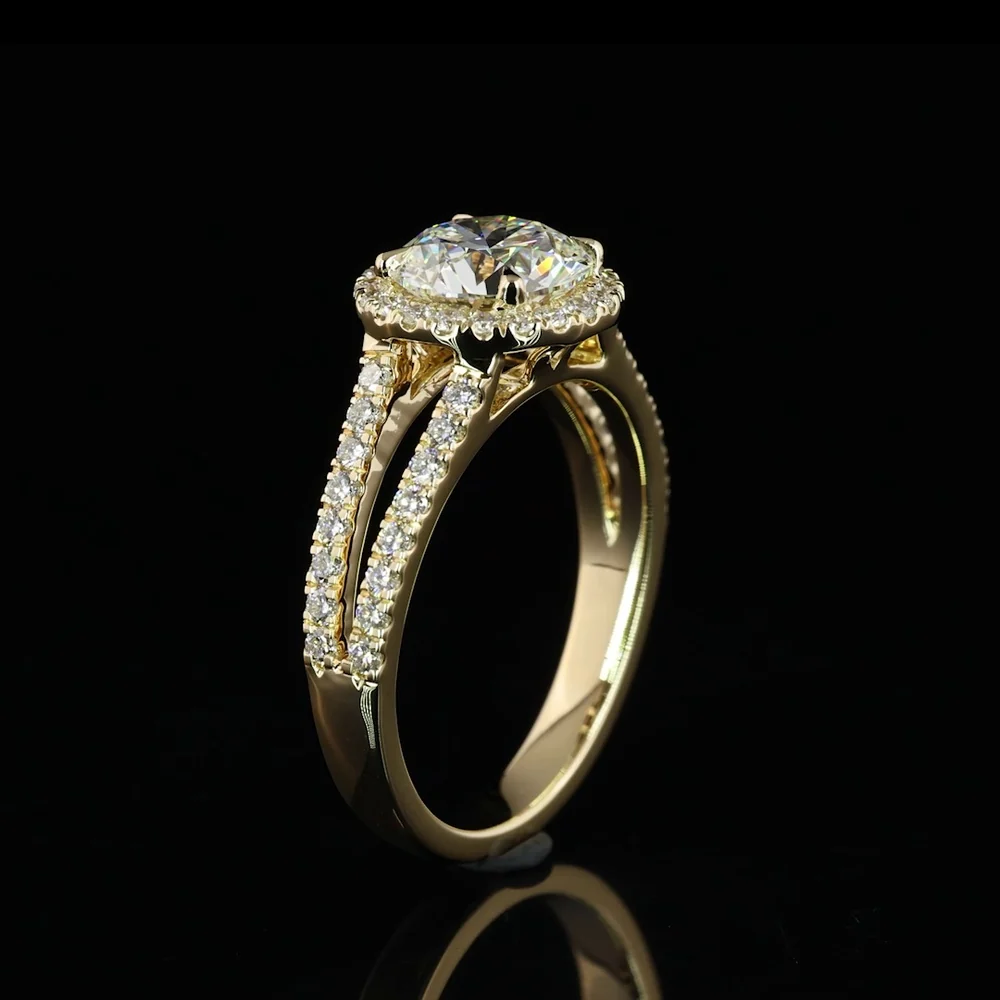 14K Yellow Gold Split Shank Halo Ring with 1.01 Carat Round Brilliant D VS1 Lab Diamond and 0.38 Carat Total Accent Diamonds - 1.39 Carat Total Diamond Weight - Covaloro Fine Jewelry - Image 4