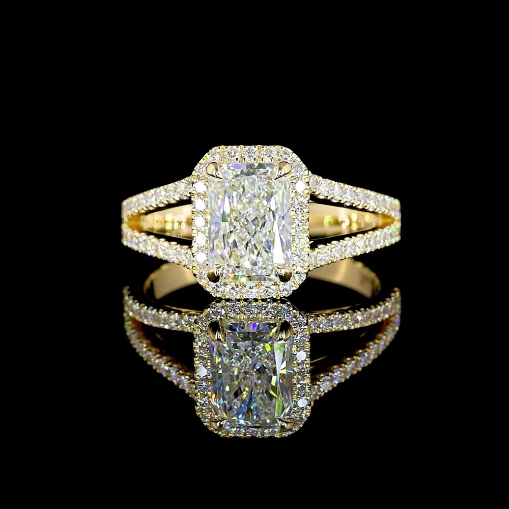 14K Yellow Gold Split Shank Halo Ring with 1.54 Carat Radiant Cut Lab Diamond & 0.45 Carat Total Accent Diamonds - 1.99 Carat Total Weight - Covaloro Fine Jewelry