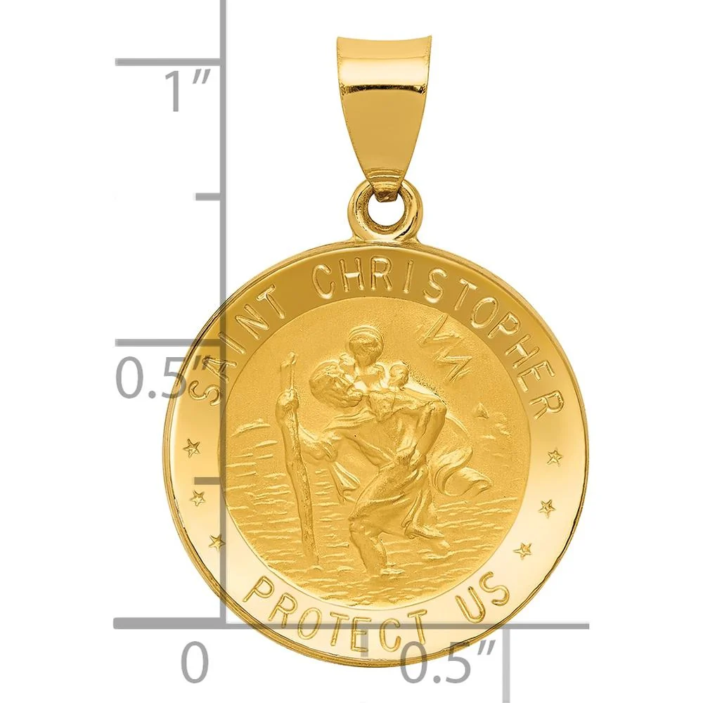 14K Yellow Gold St. Christopher Medal Round Pendant with Polished and Satin Finish - Hollow Design by Oro Pregiato - Image 3